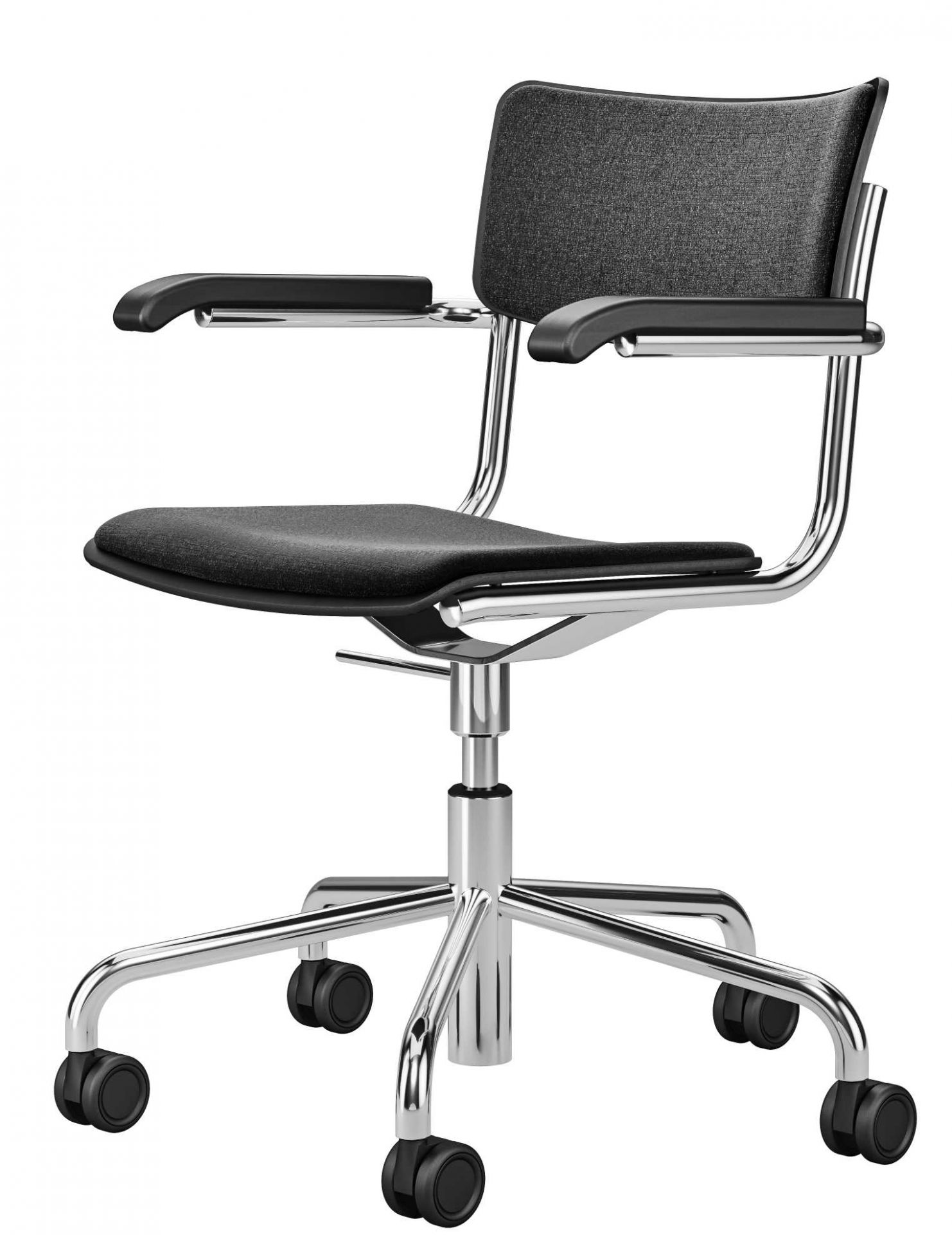 S 43 Thonet Drehstuhl mit Armlehnen, schwarzer Stoffbezug und verchromtem Stahlrohrgestell. Bürostuhl für Homeoffice.
